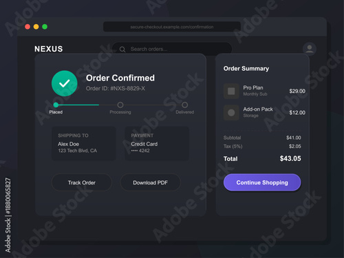 Confirmation screen showing a completed order with shipping information, payment method, and total cost. User can track order or continue shopping from this view.