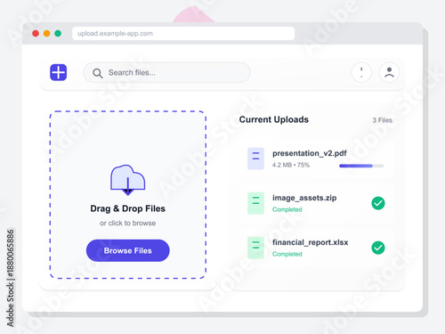 This vector illustration shows a file upload interface with option to drag and drop files. It includes visuals of file types being uploaded to enhance user experience.