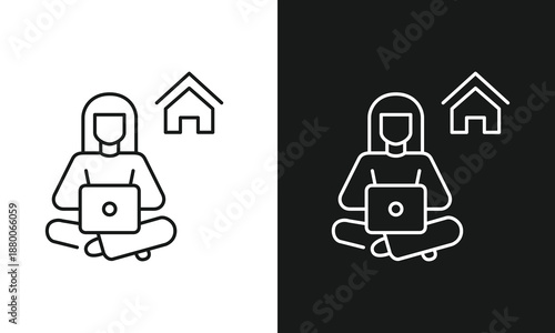 Minimalist Remote Work Icon Featuring Cross-Legged Person with Laptop and House Symbol in Split Black and White Contrast, Clean Line Art for Work-from-Home, Online Learning, and Digital Lifestyle.