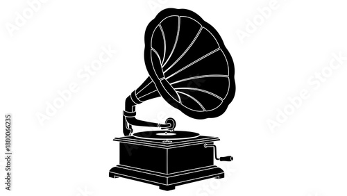 Vintage phonograph with horn and record player isolated silhouette isolated on white background