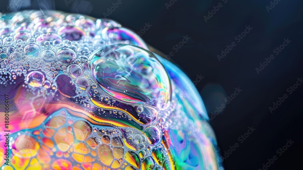 Fototapeta premium Vibrant iridescent soap bubble with rainbow colors and texture