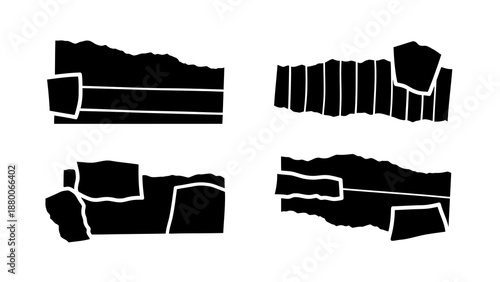 Four abstract black torn paper shapes isolated on white background isolated on white background