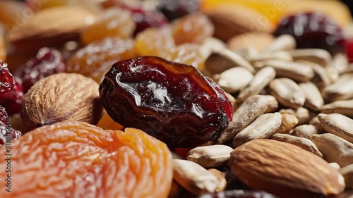 A vibrant and healthy closeup assortment of various dried fruits and nuts including plump cranberries crunchy almonds sweet apricots rich dates and wholesome sunflower seeds creating a delicious and .