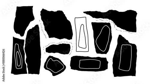 Abstract black shapes with white outline and torn paper edges collage isolated on white background