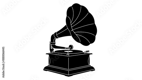 Vintage gramophone silhouette on white background, retro music symbol isolated on white background