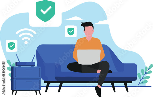 Online security - Man at home in sofa using wifi, computer and internet with protection symbols. Flat design vector illustration with white background