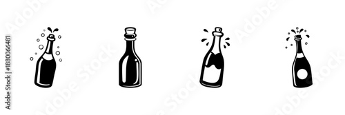 Champagne Bottle Icons In Hand Drawn Style Set. Celebration, Festivity, Party Symbol Doodle Sketch Collection. Sparkling Wine, Toasting, Special Occasions. Isolated Vector Illustration