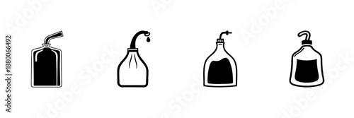 Oil Can And Dispenser Bottles In Hand Drawn Style Set. Lubrication, Maintenance, Fluid Dispensing Doodle Sketch Collection. Industrial And Household Use. Isolated Vector Illustration