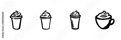 Coffee Cups With Whipped Cream In Hand Drawn Style Set. Beverage Variety, Cafe Culture, And Drink Presentation Doodle Sketch Collection. Isolated Vector Illustration