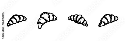 Hand Drawn Croissant Icons In Doodle Style Set. French Pastry, Breakfast Bakery, Culinary Art Sketch Collection. Isolated Vector Illustration