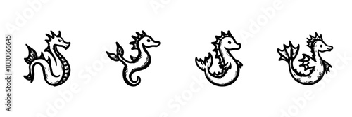 Hand Drawn Sea Dragon Illustrations In Doodle Style Set. Mythical Ocean Creature Sketch Collection. Fantasy Marine Life Art. Isolated Vector Illustration