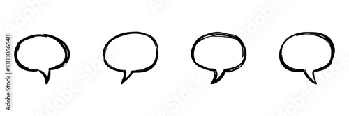 Four Speech Bubbles In Hand Drawn Style Set. Communication, Dialogue, Conversation Doodle Sketch Collection. Creative Expression Elements. Isolated Vector Illustration