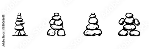 Stacked Stones In Hand Drawn Style Set. Balance, Meditation, Zen, And Tranquility Doodle Sketch Collection. Mindfulness And Harmony Symbols. Isolated Vector Illustration