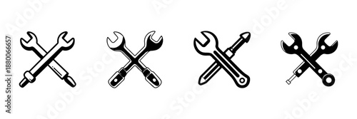 Crossed Wrench And Screwdriver Icons In Hand Drawn Style Set. Repair, Maintenance, And Tool Symbol Doodle Sketch Collection. Diy And Construction Tools. Isolated Vector Illustration
