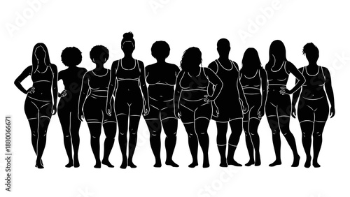 Diverse group of women silhouettes in athletic wear on white background isolated on white background
