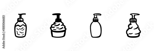 Hand Soap Dispensers In Hand Drawn Style Set. Personal Hygiene, Skincare, Liquid Soap Doodle Sketch Collection. Bathroom Essentials, Cleanliness Promotion. Isolated Vector Illustration