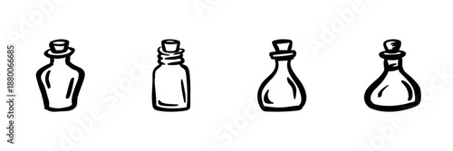 Four Vintage Potion Bottles In Hand Drawn Style Set. Alchemy, Magic, Apothecary Doodle Sketch Collection. Decorative Glass Containers. Isolated Vector Illustration
