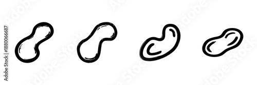 Peanut Icons In Hand Drawn Style Set. Nut Allergy Awareness, Protein Source, Healthy Snack Doodle Sketch Collection. Isolated Vector Illustration