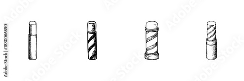 Barber Pole Icons In Hand Drawn Style Set. Traditional Barbershop Symbol, Haircut And Grooming Doodle Sketch Collection. Vintage Barbering Tools. Isolated Vector Illustration