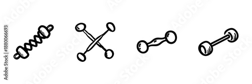 Dumbbell And Barbell Icons In Hand Drawn Style Set. Fitness Equipment, Strength Training, Weightlifting Doodle Sketch Collection. Gym Workout Essentials. Isolated Vector Illustration