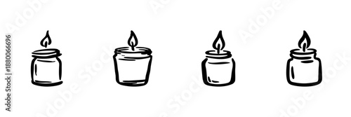 Jar Candles With Flames In Hand Drawn Style Set. Cozy Ambiance, Relaxation, Aromatherapy Doodle Sketch Collection. Home Decor Elements. Isolated Vector Illustration