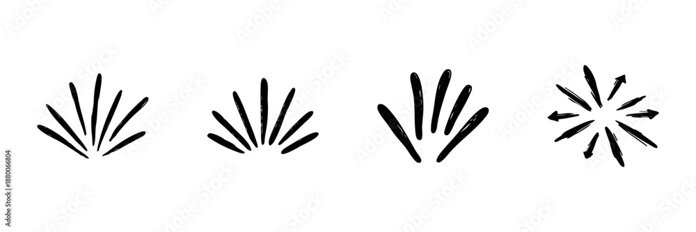 Fototapeta premium Abstract Burst And Arrow Icons In Hand Drawn Style Set. Energy, Movement, And Direction Doodle Sketch Collection. Dynamic And Expressive Design Elements. Isolated Vector Illustration