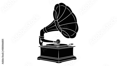 Vintage gramophone silhouette playing music on white background 60 isolated on white background