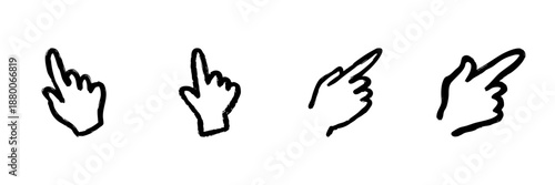 Pointing Hand Gestures In Hand Drawn Style Set. Navigation, Selection, User Interface Interaction Doodle Sketch Collection. Touchscreen And Digital Interaction. Isolated Vector Illustration