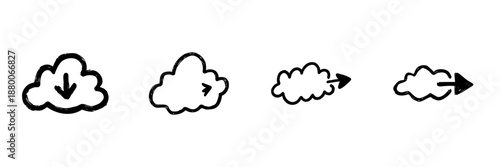 Cloud Computing And Data Transfer Icons In Hand Drawn Style Set. Cloud Storage, Download, And Upload Doodle Sketch Collection. Internet Connectivity Symbols. Isolated Vector Illustration