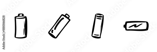Battery Icons In Hand Drawn Style Set. Energy Storage, Power Supply, Charging Level Doodle Sketch Collection. Renewable Energy Concept. Isolated Vector Illustration