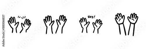 High Five And Waving Hands In Hand Drawn Style Set. Greeting, Celebration, And Communication Doodle Sketch Collection. Expressive Gestures. Isolated Vector Illustration