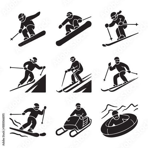 Winter Sports Action Vector Icon Set with Skiing, Snowboarding and Snow Activities