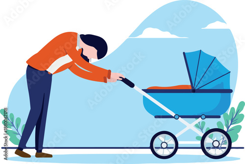 Tired mother wit baby stroller - Woman walking child pram with head hanging down feeling sad and exhausted. Flat design vector illustration with white background
