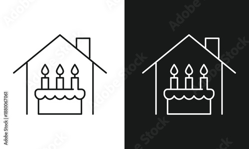 Home Birthday Party Celebration and Residential Anniversary Event Icon, House with Three Candle Cake Vector Line Art for Family Gatherings, Home warming Invitations, and Joyful Living Branding.