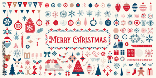 merry christmas festive decorations and symbols in red blue