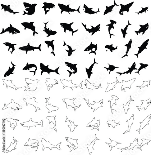 Shark icon set in silhouette and outline style, marine predator fish shapes in multiple swimming poses, black and line ocean animal vector illustration collection