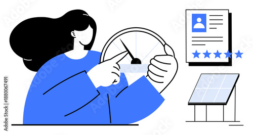 Person interacting with performance meter alongside a rating chart and solar panel. Ideal for renewable energy, performance metrics, user reviews, green technology, evaluation systems, customer