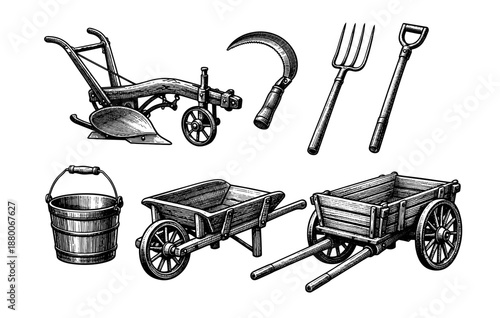 Vintage farm tools set with plow, wheelbarrow, sickle, pitchfork, and bucket illustrations