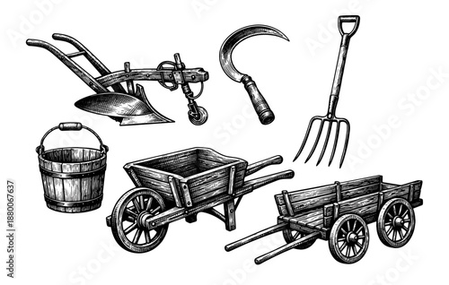 Vintage farming tools: plow, sickle, pitchfork, cart, bucket, wagon