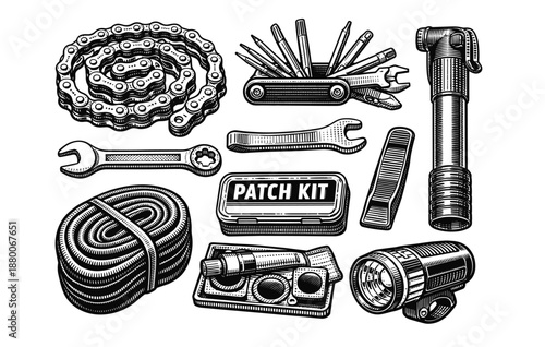 Bicycle repair tools collection in black and white: chain, wrench, pump, patch kit, and flashlight