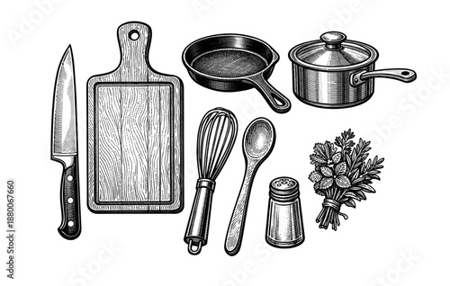 Vintage kitchen utensils: knife, cutting board, frying pan, pot, whisk, spoon, salt shaker, herbs