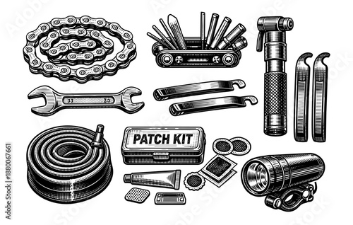 Bicycle repair tools set with patch kit, chain, and pump