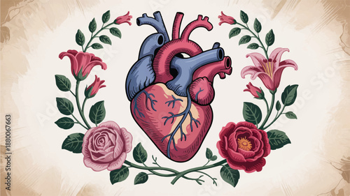 heart with flowers and leaves on beige background