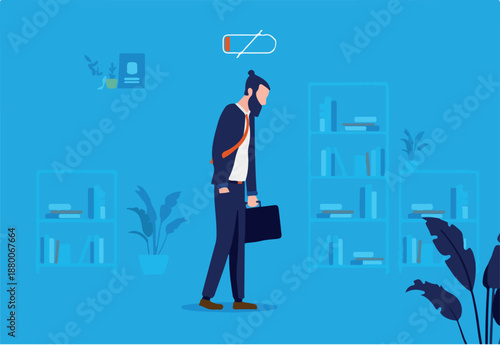 Sleep deprivation - Tired businessman walking slowly in office with no energy left. Sleepless, exhausted, suffering concept. Vector illustration