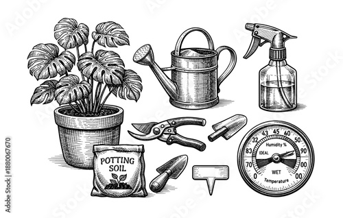 Black and white gardening tools and plant illustration with watering can and soil