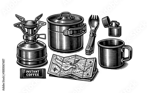 Vintage camping gear with gas stove, pot, mug, map, instant coffee, and lighter