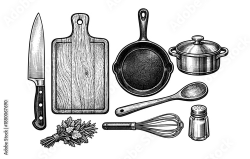 Vintage kitchen utensils and cookware illustration with cutting board and cast iron pan