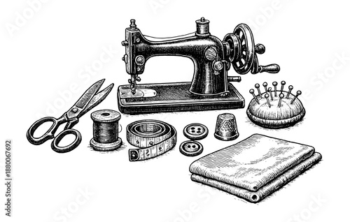 Vintage sewing machine and tools: scissors, spool, tape, buttons, fabric, and pincushion