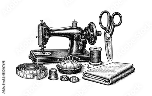 Vintage sewing machine with scissors, thread, fabric, and sewing accessories