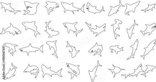 Shark icon set in silhouette and outline style, marine predator fish shapes in multiple swimming poses, black and line ocean animal vector illustration collection